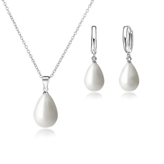925 Sterling Silver Color Pearl Pendant Necklace Loop Hoop Earrings White Teardrop Women Girls Wedding Party Nice Gifts Good Vibrations Adult Super Store