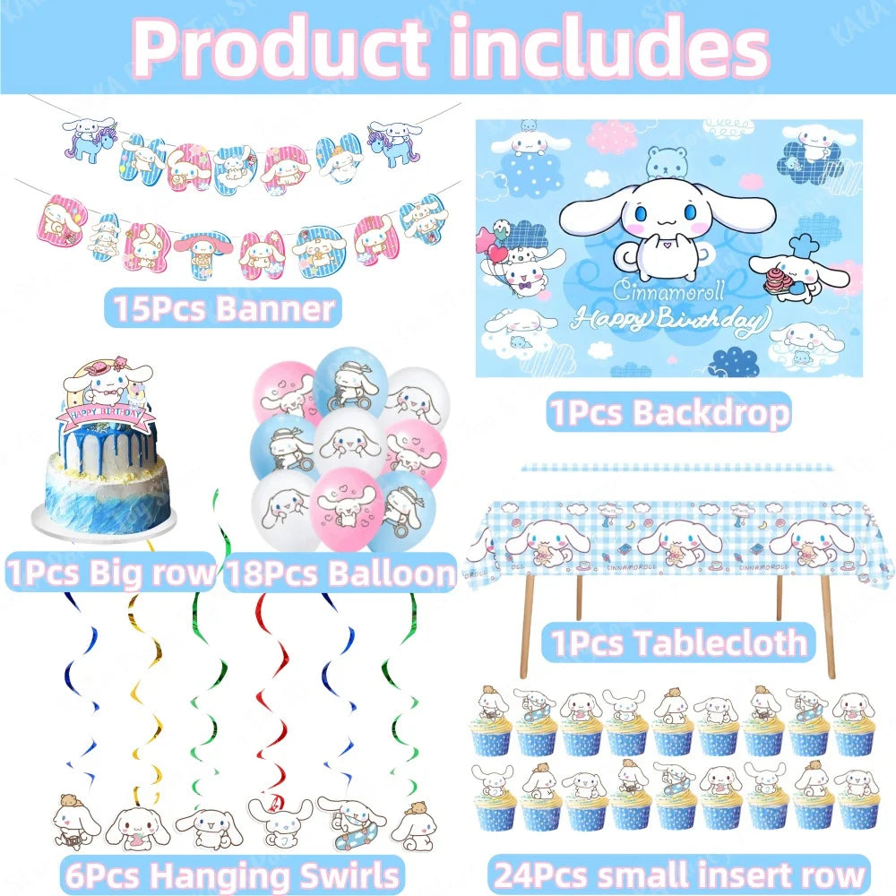 Cinnamoroll Birthday Decorations Include Banner Balloon Balloon Backdrop Cake Cupcake Toppers Tablecloth for Kids Party Supplies Good Vibrations