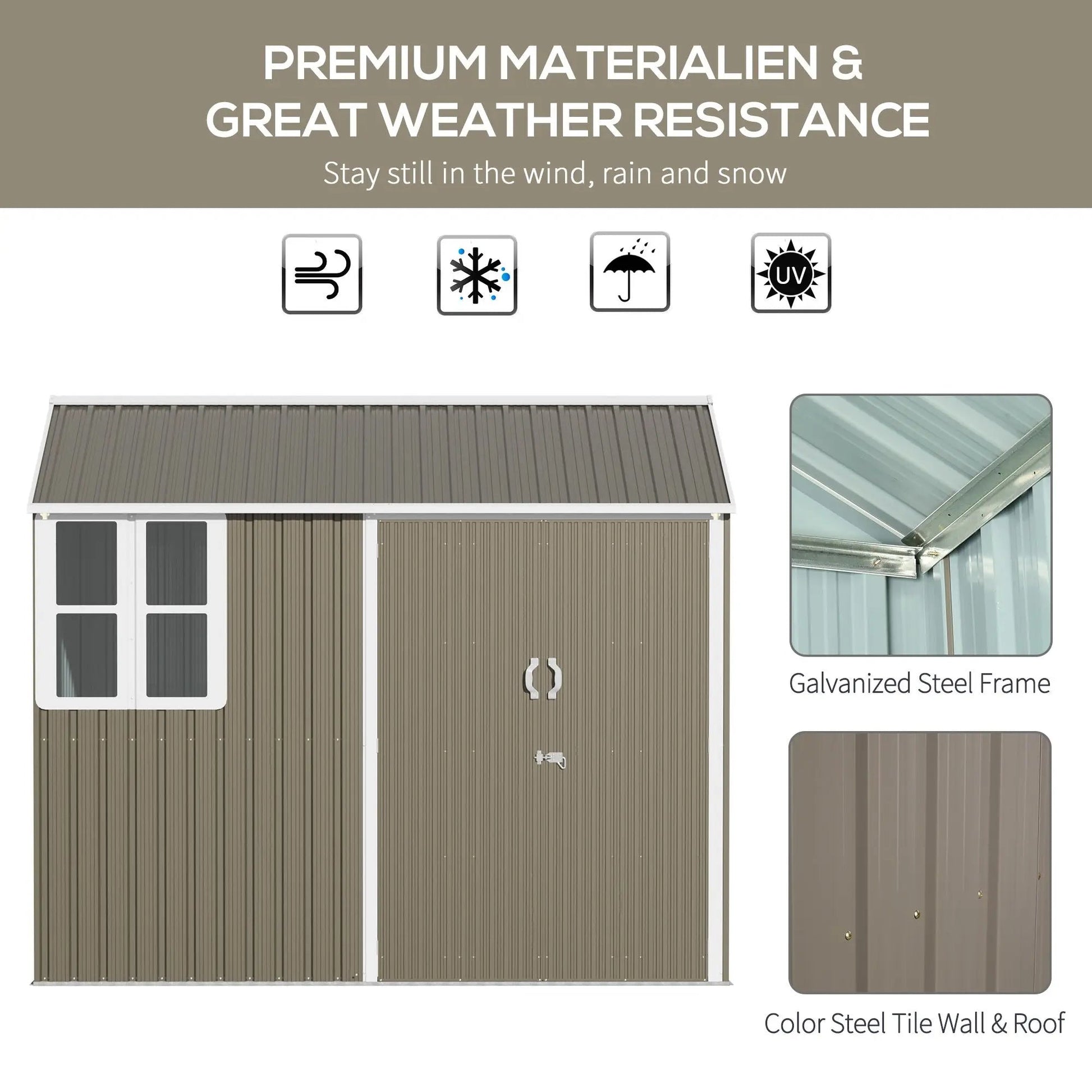 8' x 6' Metal Garden Storage Shed, Outdoor Tool Storage House with Double Lockable Door, Window and Air Vents, Gray Good Vibrations