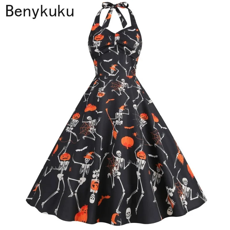 Halloween Costumes for Women Skull Print Halter Dress Sleeveless Tunic Vintage Party Dresses Goth Clothes Masquerade Vestidos Good Vibrations