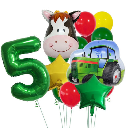 14pcs Farm Themed Tractor Milk Cow Head Balloon 32 inch Green Number Birthday Balloon Set Festive Party Decoration Birthday Gift Good Vibrations