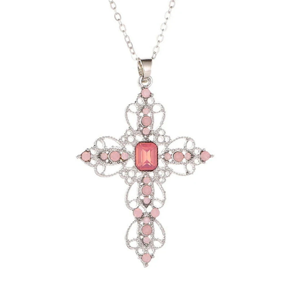 Fashion Exquisite Hollow Cross Necklace Bohemian Inlaid Rhinestones Clavicle Chain Jewelry Gifts For Women Girls Party Wearing Good Vibrations
