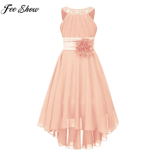 Kids Wedding Flower Girls Party Dress Sleeveless Ruched Shiny Beaded Hi-low Hem Elegant Chiffon Dress for Birthday Evening Prom Good Vibrations