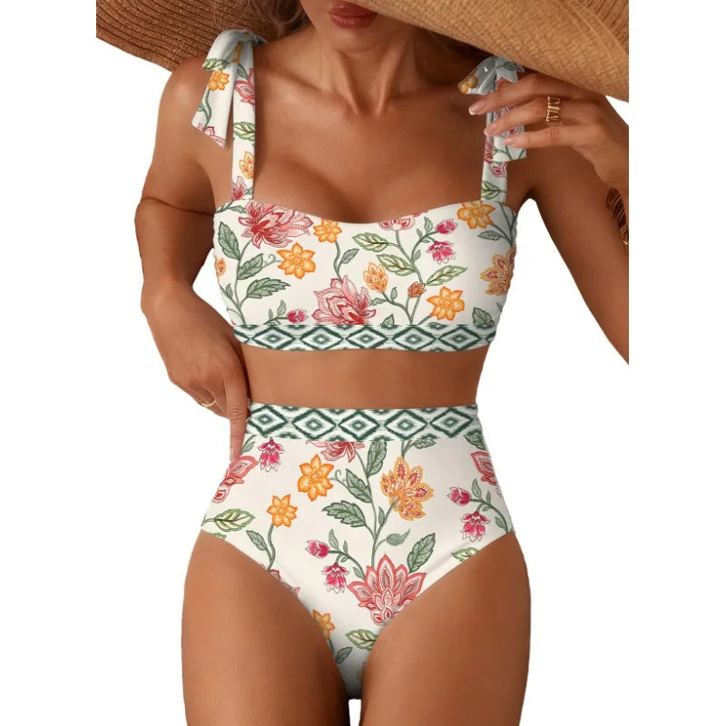 Women's 2026 Two Piece Bikini Set Striped High Waist Tie Shoulder Swimsuit Summer Beachwear Good Vibrations