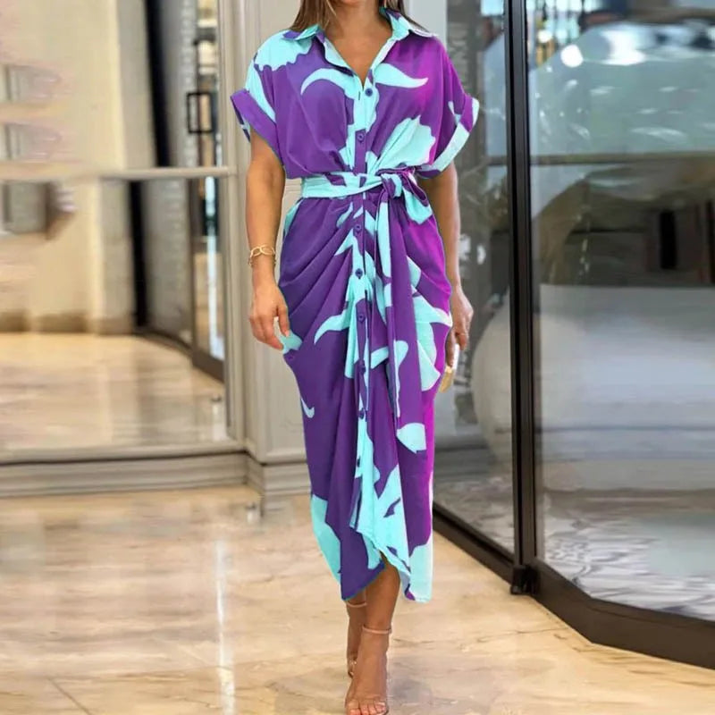 Elegant Dresses For Lady Vestidos 2026 Woman Dress Vestido Commuting Temperament Printed Irregular Leace-up Lapel Slim Contrast Good Vibrations