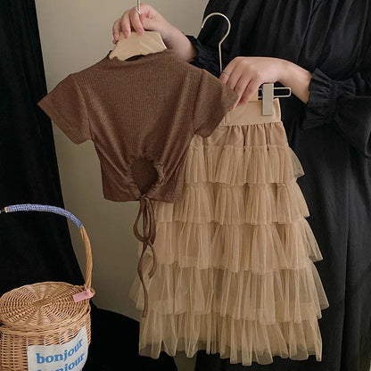 Children's Clothing Set Wear Summer New Girls' Fashion Top Sweet Cake Half Skirt Set Birthday Party Kids Boutique Clothes Good Vibrations