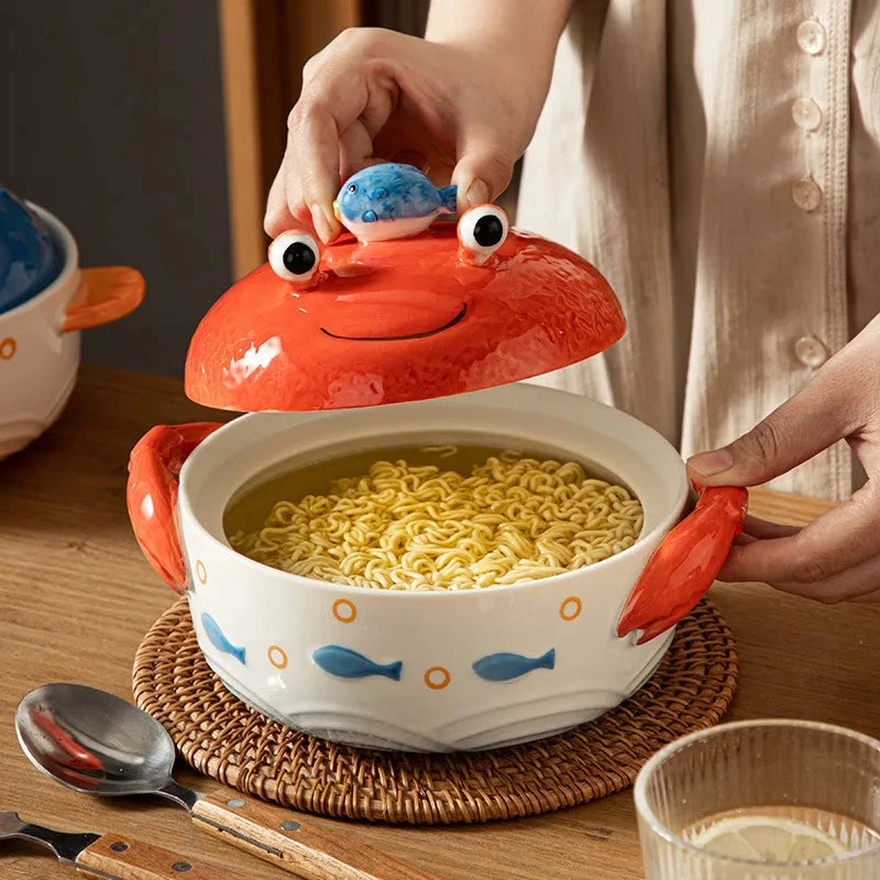 Creative Ocean Tableware Crab Globefish Shape Ceramic Ramen Bowls Phone Holder Two Handles Soup Bowls Good Vibrations