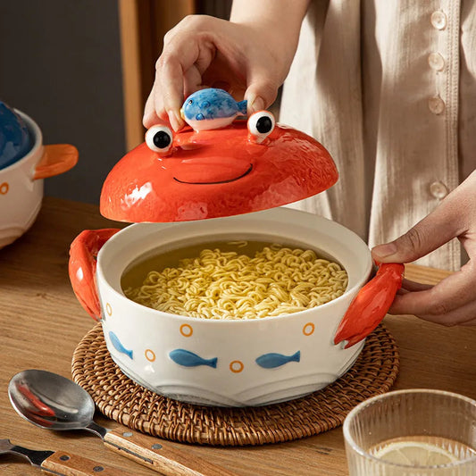 Creative Ocean Tableware Crab Globefish Shape Ceramic Ramen Bowls Phone Holder Two Handles Soup Bowls Good Vibrations