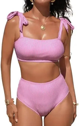 Women Two-piece Halter Vest Swimwear Sexy Striped Ruffle High Waisted Bikinis Set Female Bathing Suit Tie Strap Beachwear Good Vibrations