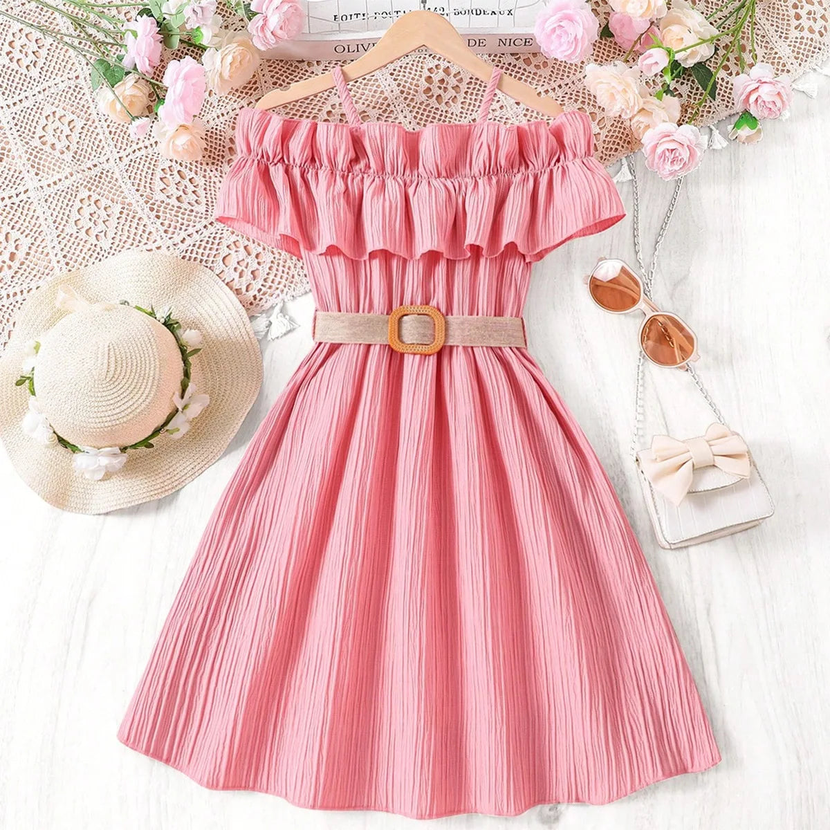 Prowow Girls Party Dresses Sleeveless Belted Halter Neck Hem Dress Holiday Beach Children's Clothing Teenagers Dress For Girls Good Vibrations