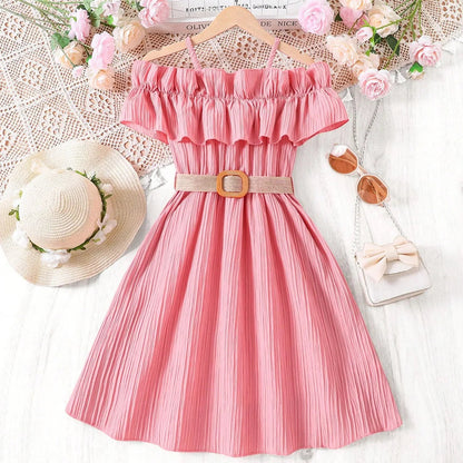 Prowow Girls Party Dresses Sleeveless Belted Halter Neck Hem Dress Holiday Beach Children's Clothing Teenagers Dress For Girls Good Vibrations