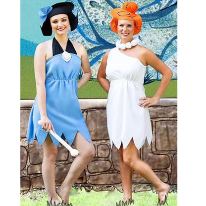 Women Blue Halter Sleeveless Dress for Betty Rubble Costume with Wig Headdress Adult Fred Flintstone Costume Good Vibrations
