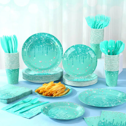 25PCS Paper Disposable Tableware Set Blue Green Glitter Plates Napkins & Cups for Ladies Birthday, Anniversary & Wedding Party Good Vibrations