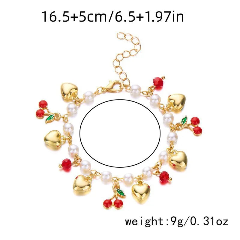 Charm Red Strawberry Bracelet for Women Cute Cherry Heart Shape Fruit Pearl Metal Chain Wristband Girls Party Friendship Jewelry Good Vibrations