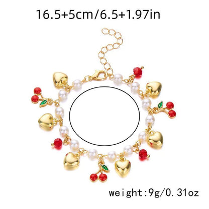 Charm Red Strawberry Bracelet for Women Cute Cherry Heart Shape Fruit Pearl Metal Chain Wristband Girls Party Friendship Jewelry Good Vibrations