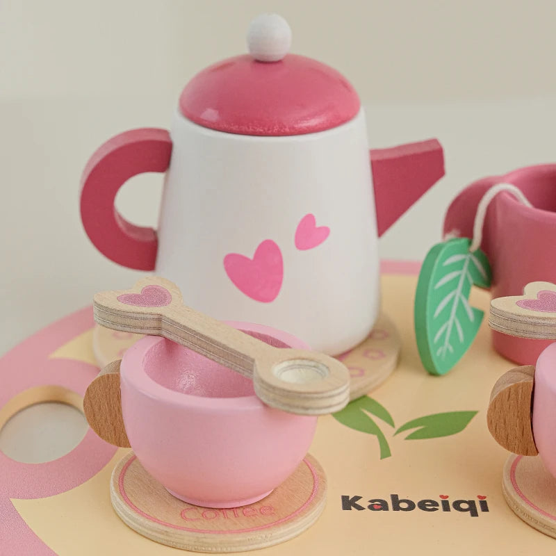 Wooden Kitchen Play Toys Kitchen Simulation Tea Set Afternoon Tea Activity Games Pretend Play Kitchen Accessories Toy for Kids Good Vibrations