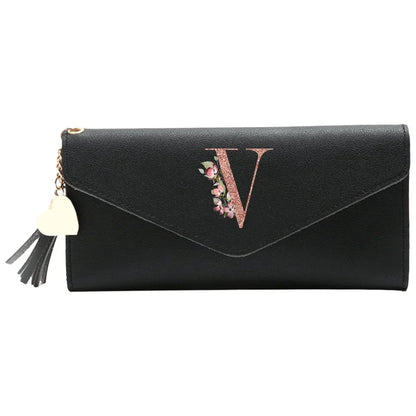 Wallet Black Small Leather Coin Purse Rfid Blocking Wallet Rose Gold Pattern Mini Purse with ID Window for Women Good Vibrations