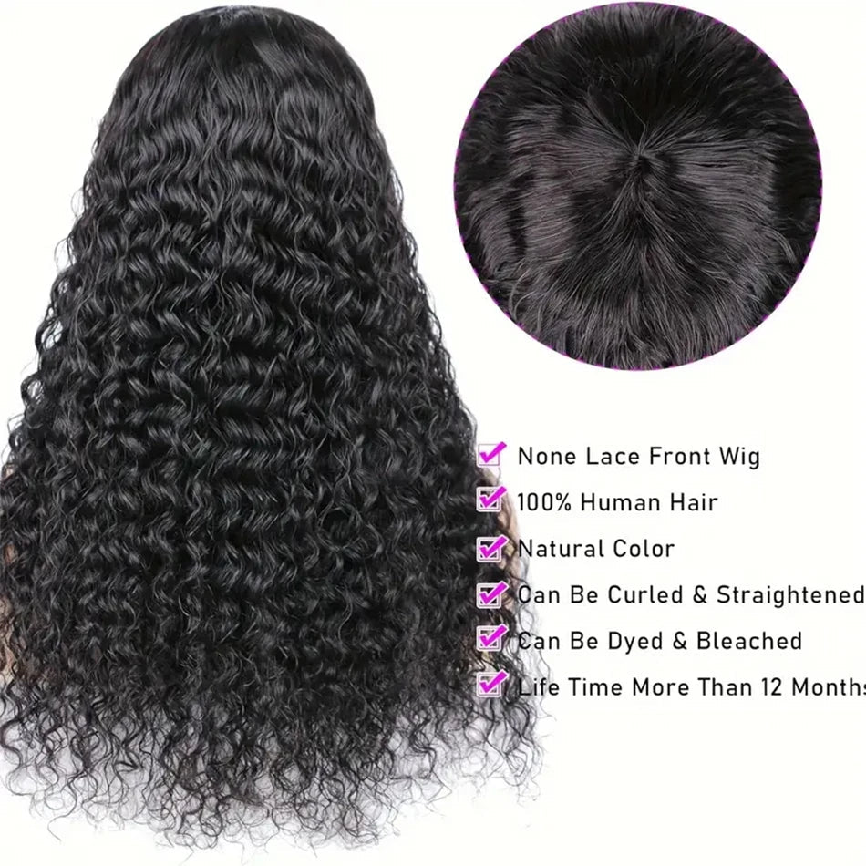Water Wave Human Hair Wigs with Bangs None Lace Front Wigs Glueless Wigs Virgin Hair for Women 180% Machine Made Wigs Natural Good Vibrations