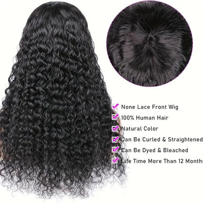 Water Wave Human Hair Wigs with Bangs None Lace Front Wigs Glueless Wigs Virgin Hair for Women 180% Machine Made Wigs Natural Good Vibrations