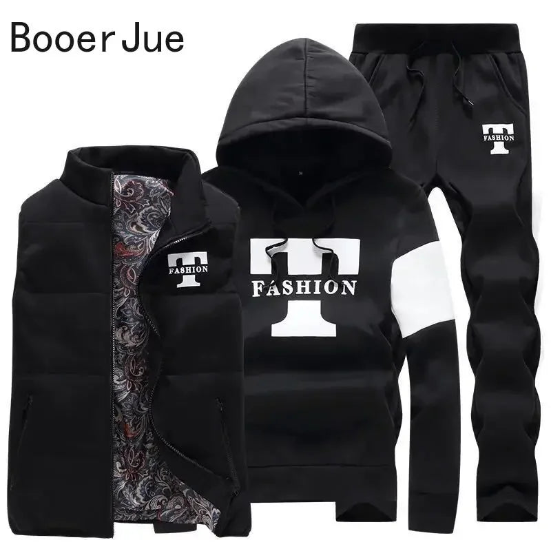 3 Pieces Set Hoodies+Vest+Pants Casual Men's Track Suit Clothing Coats Winter Thick Warm Tracksuit for Men Printed Mens Set Vest Good Vibrations