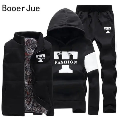 3 Pieces Set Hoodies+Vest+Pants Casual Men's Track Suit Clothing Coats Winter Thick Warm Tracksuit for Men Printed Mens Set Vest Good Vibrations