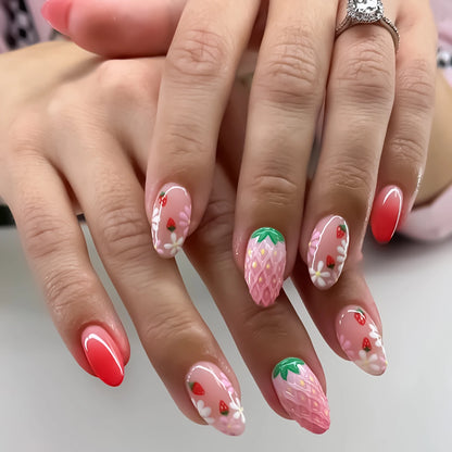 24pcs Short Glossy Oval Fake Nails Cute Sweet Strawberry Fake Nail Patch Wearable Full Cover for Girl Press on Nail Tips Good Vibrations