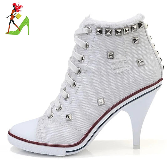 Women Boots Short High Heels Shoes For Women Botas British Style Rivet Ankle Boots Pointed Toe Side zipper strap Female Heels Good Vibrations