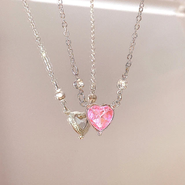Y2K Pink Planet Heart Zircon Pendant Necklaces Women Fashion Aesthetic Clavicle Chain Necklace Valentines Day Gift Party Jewelry Good Vibrations