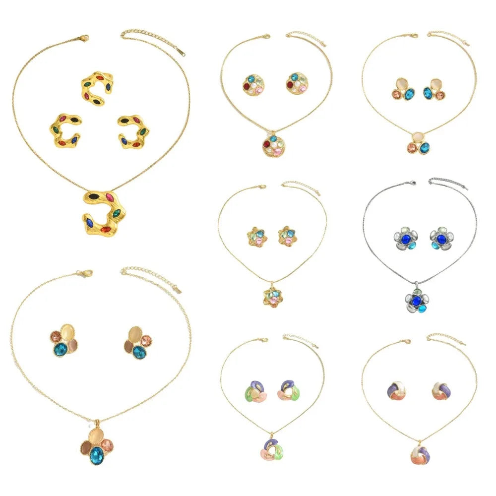 Chic Luxury Crystal Earrings Pearl Charm Rhinestone Necklace Geometric Vintage Women Jewelry Set Girls Good Vibrations