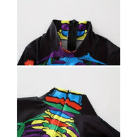Halloween Party Theme Dress Up Costumes, Girls Long Sleeve Stretchy Fitted Full Color Skull Pattern Printed Women's Jumpsuit Good Vibrations