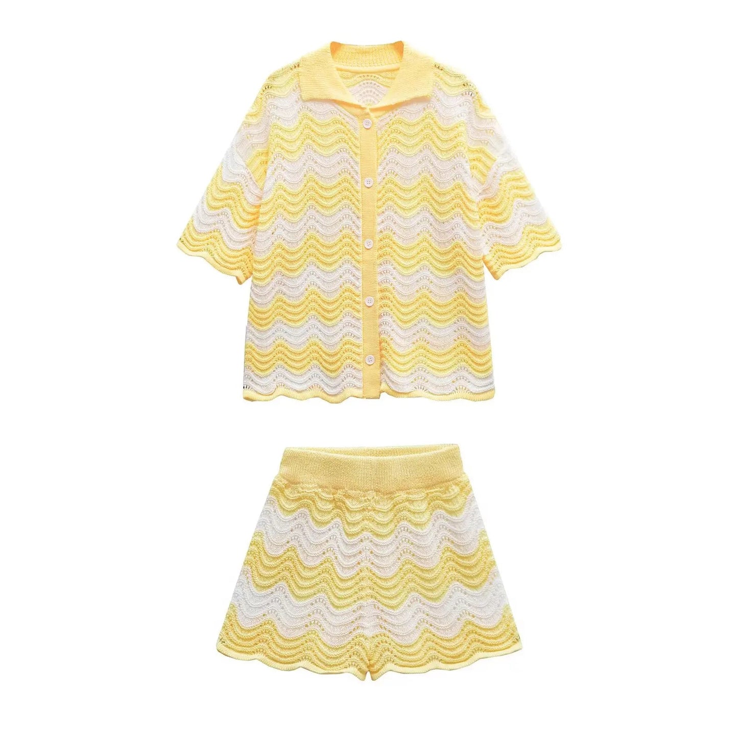 Women Temperament Single Breasted Short Sleeve Top Two Piece Set Fashion Sweet Turn-down Collar Knitted Top Sets Shorts Good Vibrations