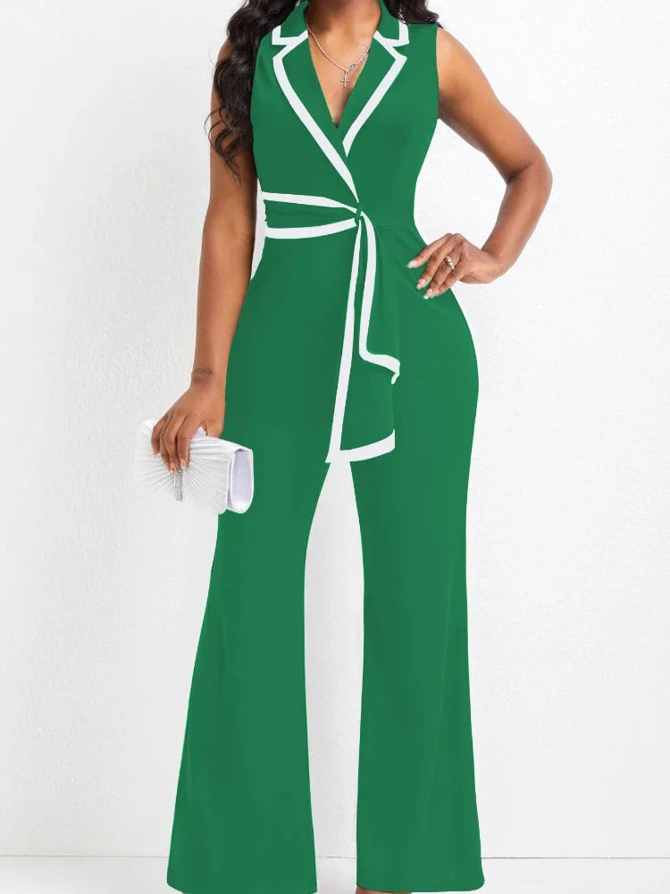 Women's Overalls Outfits Full Length New Fashion 2025 Summer V Neck Elegant Sleeveless Office Lady Jumpsuit Wide Leg Pants Good Vibrations