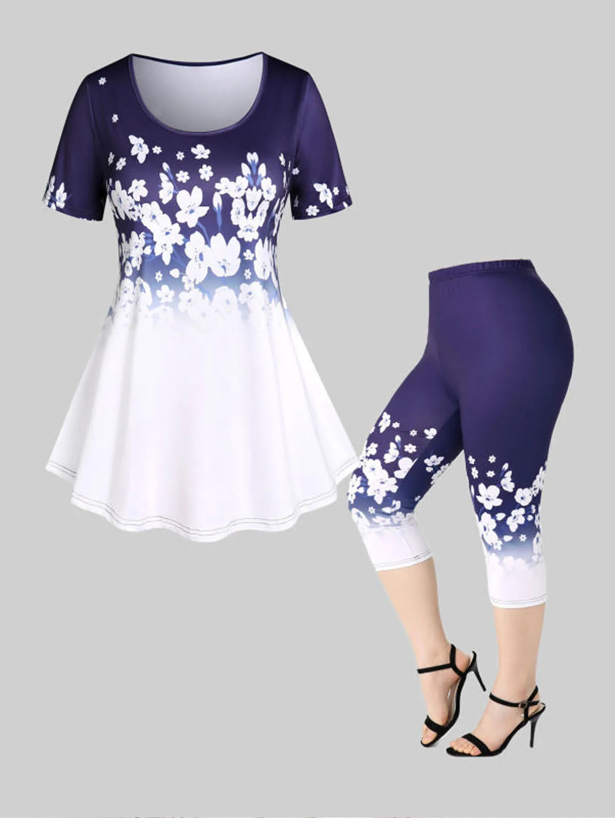 ROSEGAL Plus Size 3D Printed Outfit Female Colorblock Suit Floral Graphic Tee And Capri Leggings Size Is Too Large Matching Set Good Vibrations
