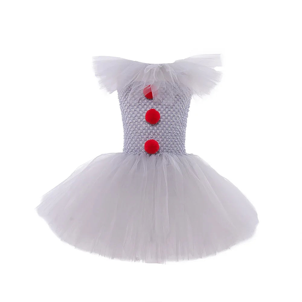 Halloween Costume For Kids Gray Girls Tutu Dress Kids Cosplay Scary Clown Costume Carnival Masquerade Party Dress Up 3-12Y Good Vibrations