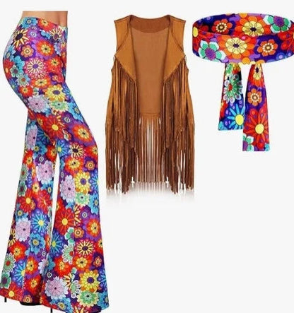 Halloween Hippie Costume Women's Set for Carnival 70s Clothing Accessories Six-Piece Set Tassel Vest+Pants+Headband Set Good Vibrations