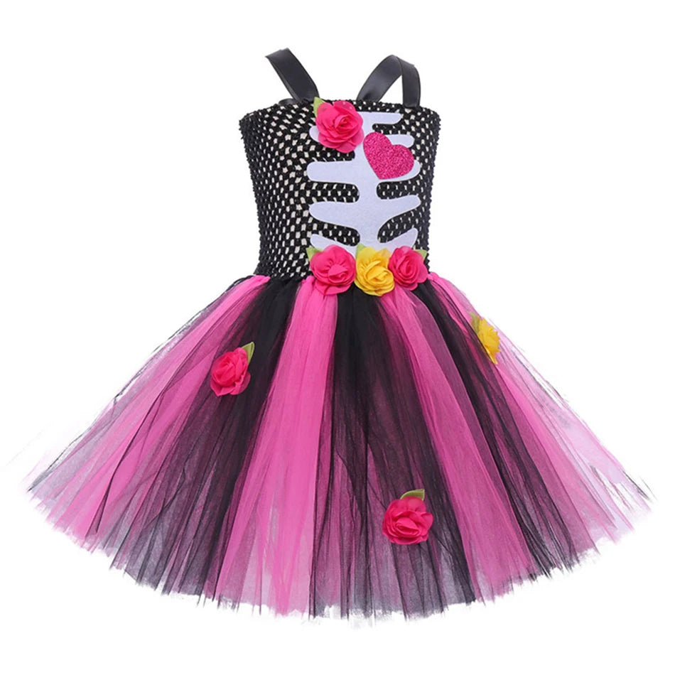 Halloween Kids Dress Cosplay Heart Print Skeleton Costumes Girls Floral Skull Tutu Clothes Children Carnival Performance Outfits Good Vibrations