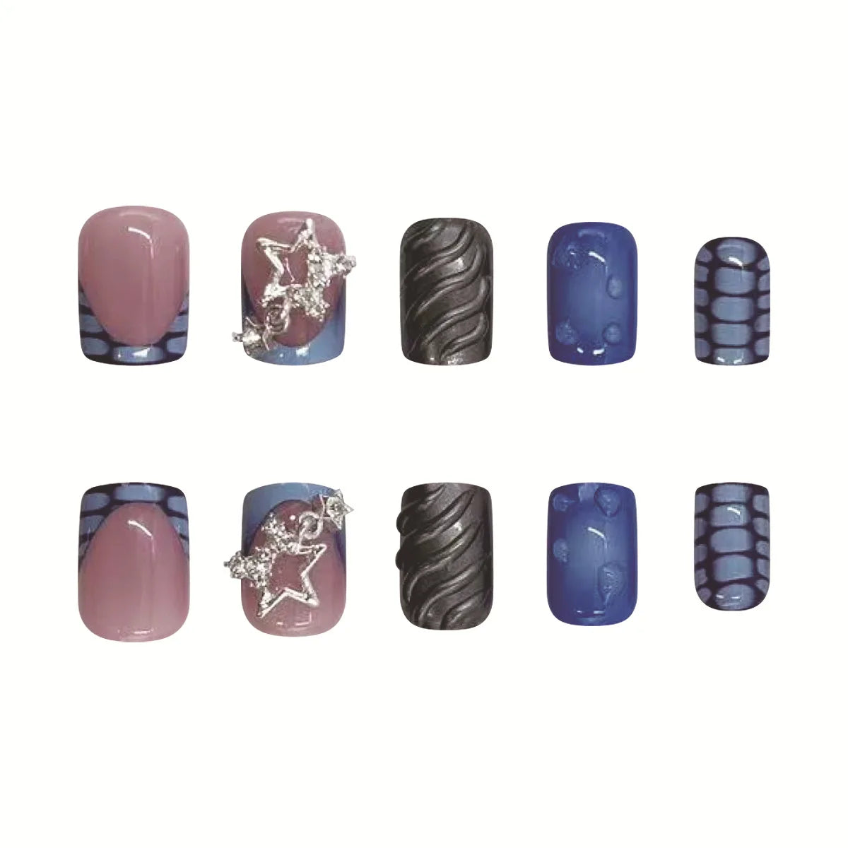 24pcs Short Fake Nails 3D Wave Sliver Star Design Blue French Press on Nails for Girls Full Cover Wearable Short False Nail Tips Good Vibrations