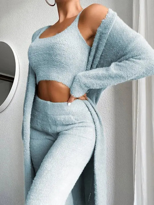 Fall Women Pant Sets Sweater Pajamas For Women Set Cozy Lounge Wear Fuzzy Fleece Sleepwear With Robe 3 Pieces Lounge Wear Sets Good Vibrations