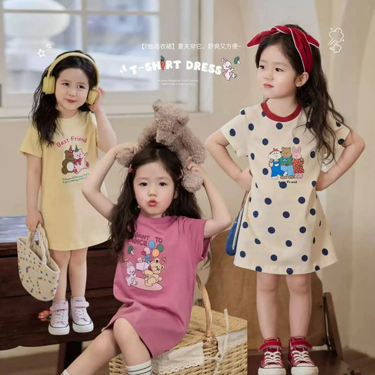 Girls' dress, summer children's casual western-style short sleeved one-piece princess dress, little girls' children's clothing Good Vibrations