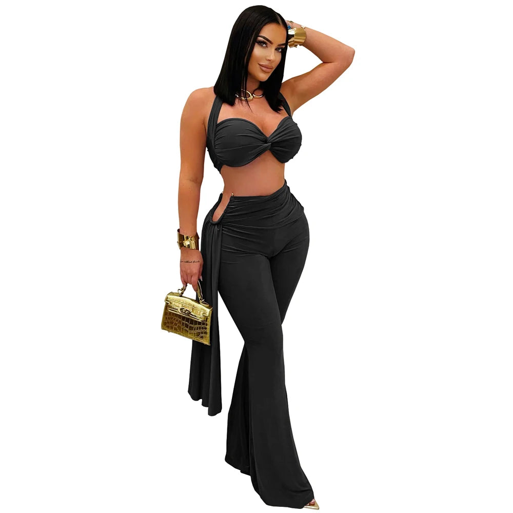 Sexy Women Outfits Twist-Front Crop Top and Long Straps Wide Leg Pants Sets Ruched Metal Tracksuits Sets Chic Night Out Overalls Good Vibrations
