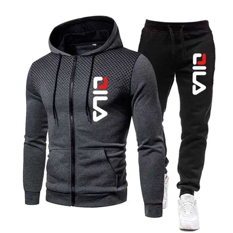 Mens Tracksuits+Sweatpants Two Pieces Suits 2025 Winter Print Zipper Hooded Sweatshirt Casual Fitness Jogging Sports Pants Sets Good Vibrations