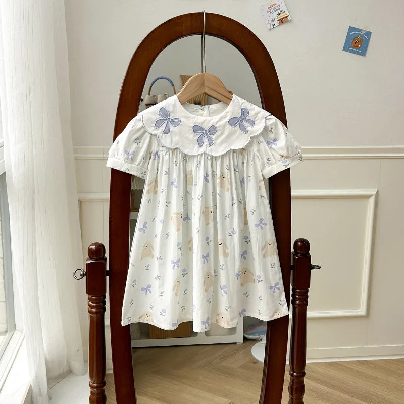 Girls Dress Children's Clothing Bow Embroidered Flower Collar Girls' Dress Summer Cartoon Printed Short Sleeved Princess Dress Good Vibrations