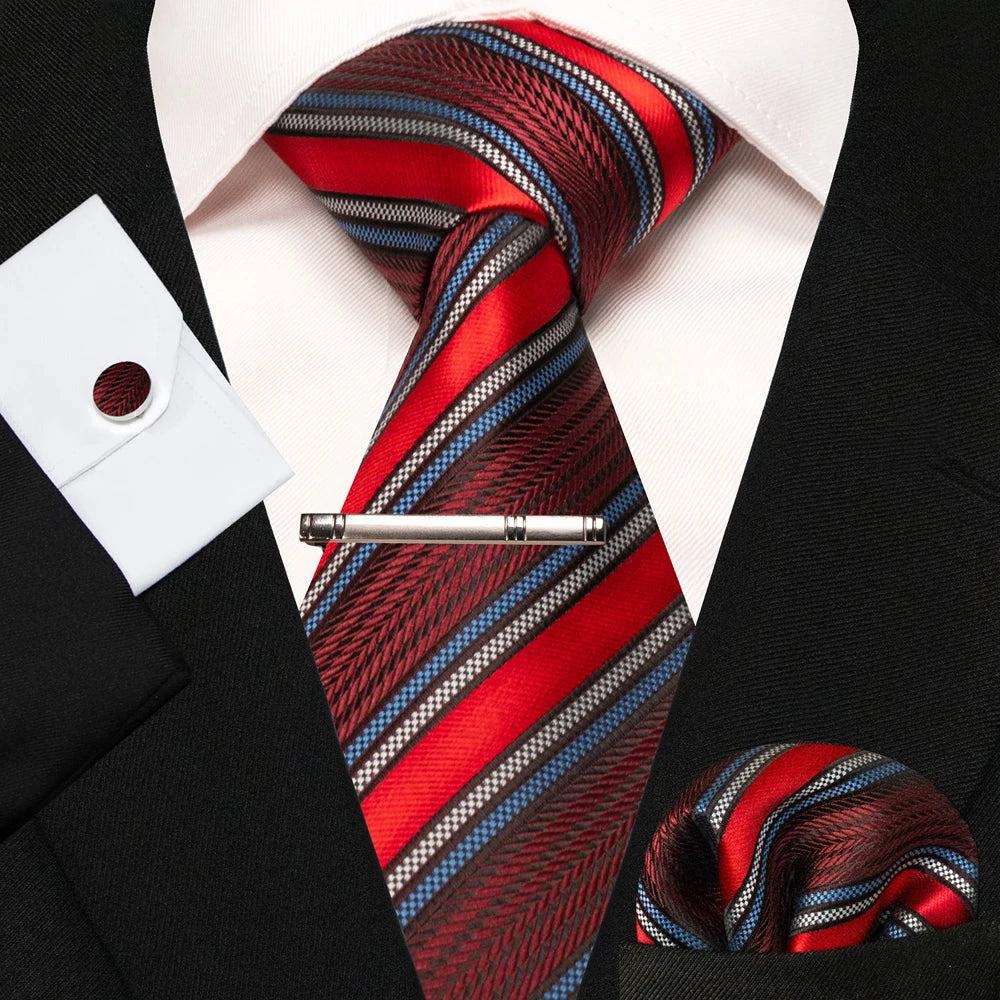 8cm Silk Mens Ties Green Black Ties plaid stripe NeckTie Pocket Square Cufflinks Tie clips Set Men's Wedding business Party Tie Good Vibrations