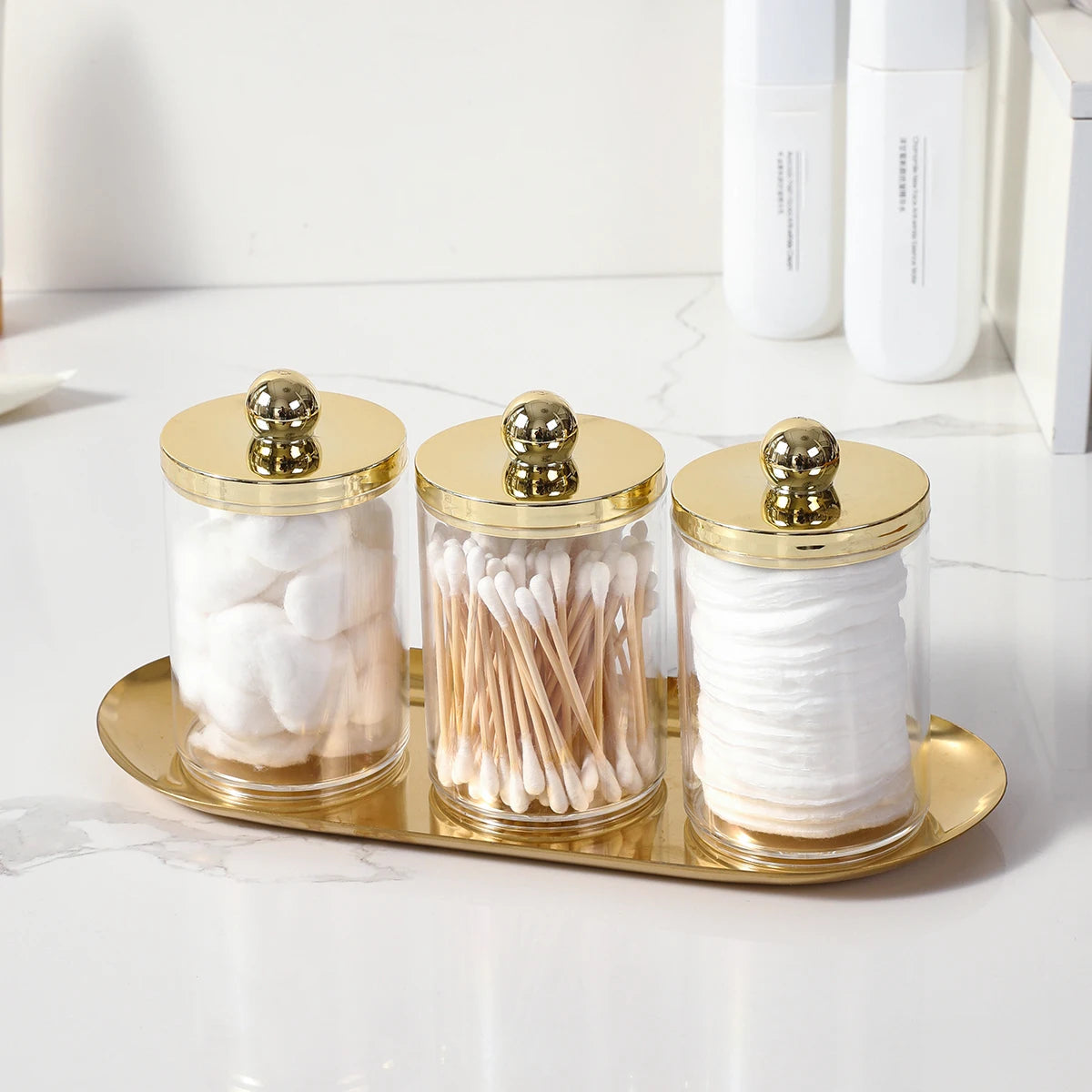 2/3 Pack Qtip Holder Bathroom Set with Golden Tray Organizer Acrylic Plastic Apothecary Jars Qtip Dispenser Canister with Lid Good Vibrations