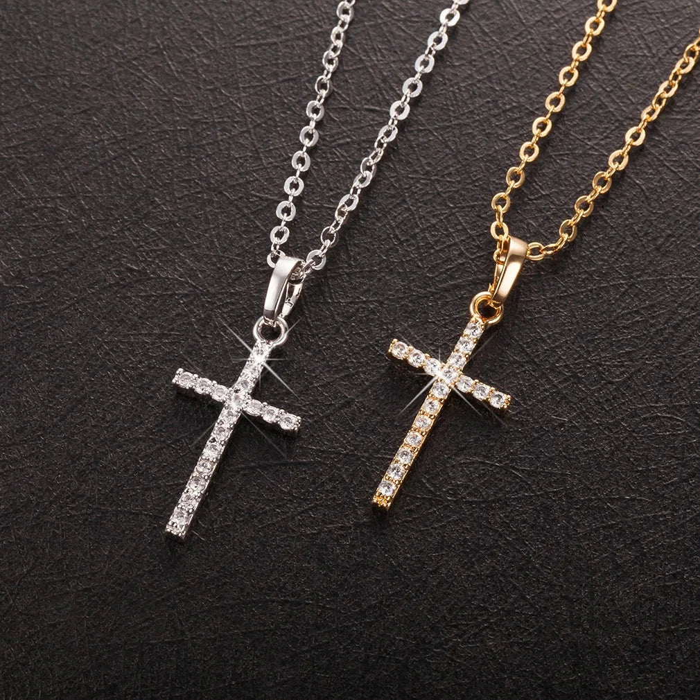 HipHop Fashion Cross Necklace For Women Crystal Zircon Men Necklace  Metal Chains Choker Jesus Pendants Jewelry Gift Good Vibrations