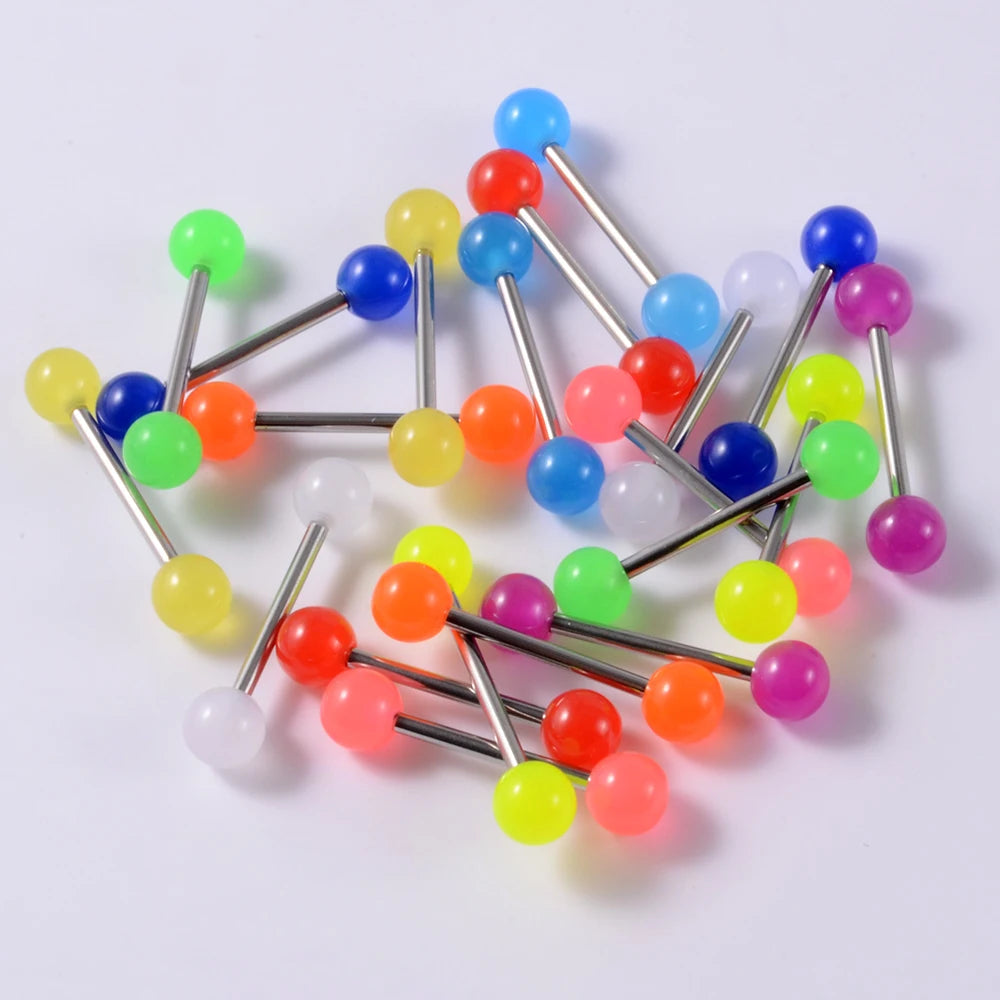Surgical Steel Bar Tongue Rings Acrylic Glow in the dark ball Tongue Barbell Luminous Acrylic Ball Belly button Ring Piercing Good Vibrations