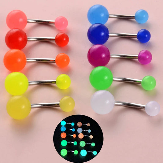 Surgical Steel Bar Tongue Rings Acrylic Glow in the dark ball Tongue Barbell Luminous Acrylic Ball Belly button Ring Piercing Good Vibrations