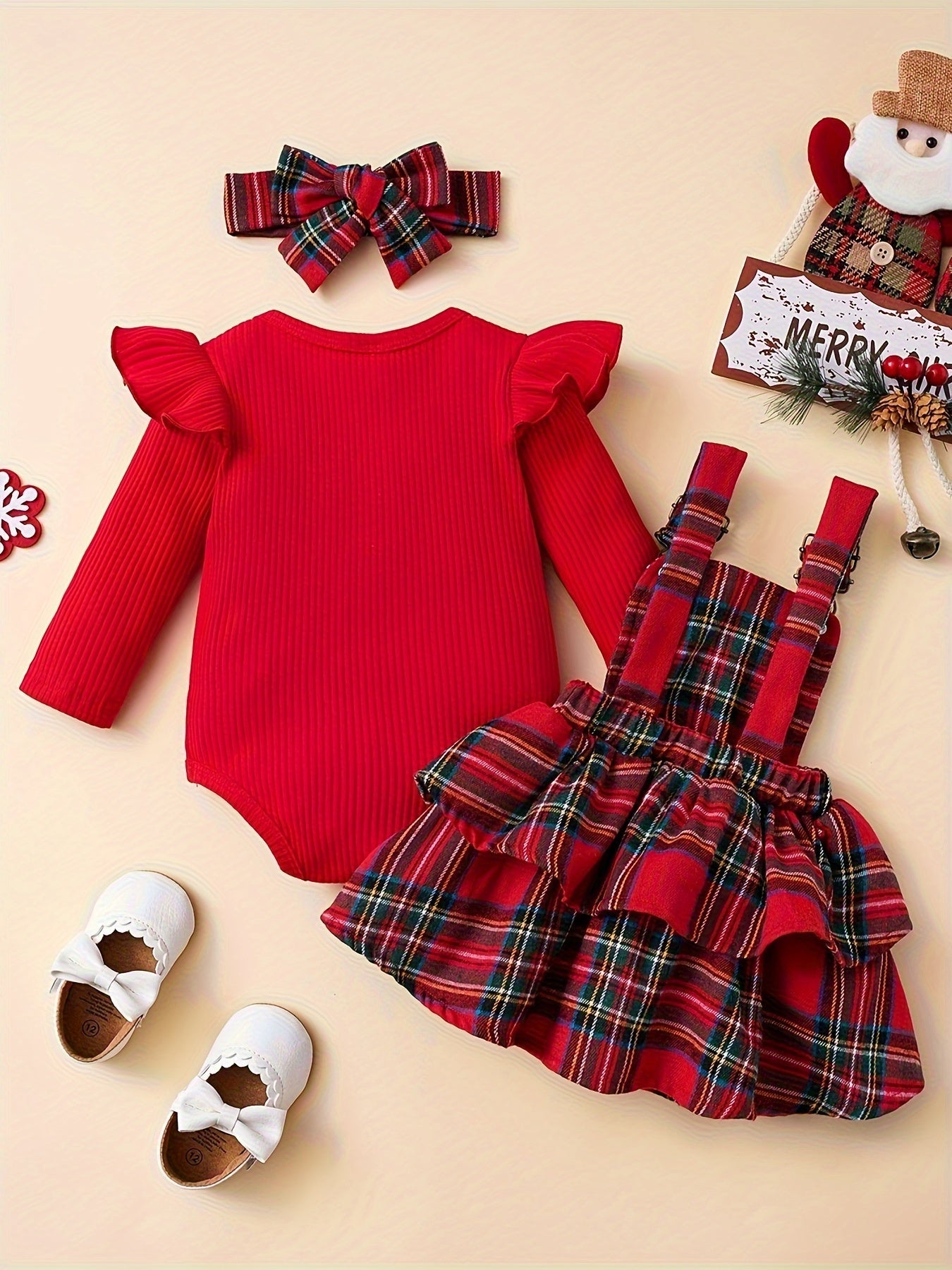 Baby Autumn and Winter Clothing Set Baby Girls 0-18 Months Romper and Plaid Strap Skirt and Headband Good Vibrations