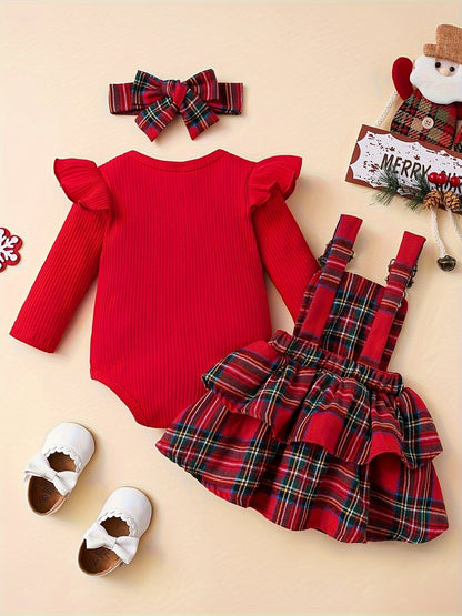 Baby Autumn and Winter Clothing Set Baby Girls 0-18 Months Romper and Plaid Strap Skirt and Headband Good Vibrations
