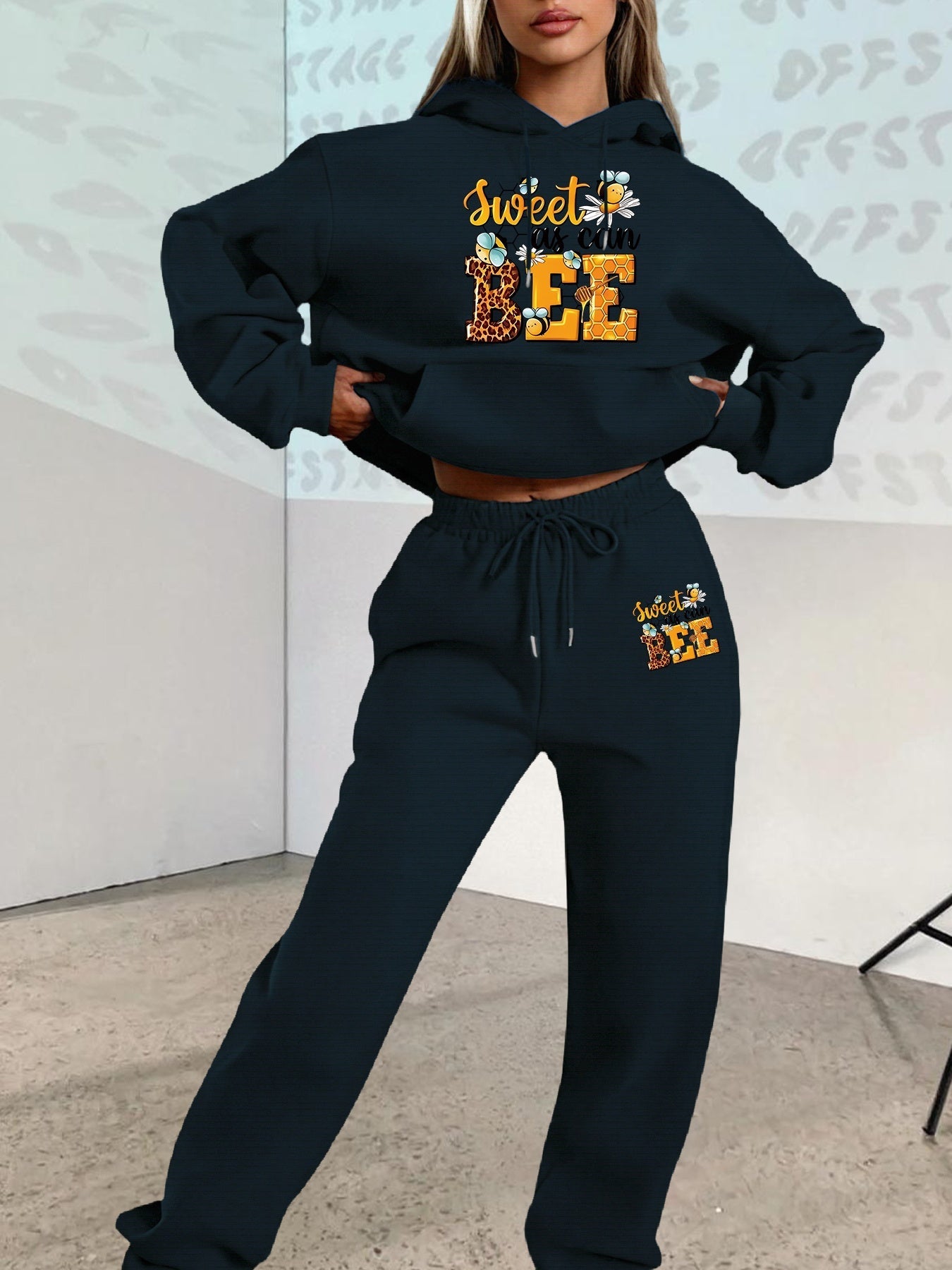 2025 Autumn Winter New Arrival, Sweet Cool Long Neck Deer Pattern Suit, Casual Letter Print Loose Warm Long Sleeve Hooded Sweatshirt with Elastic Drawstring Waist Pants Two-Piece Set, Women Two-piece Set Large Size Striped Ch Good Vibrations